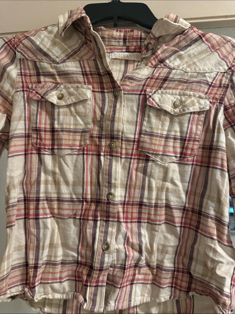 Shyanne Cream Plaid Shirt with Red & Tan Stripes